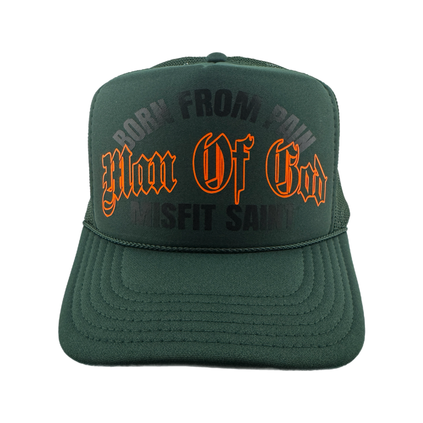 Misfit Saint (BORN FROM PAIN) Trucker Hat-Pine Green/Orange