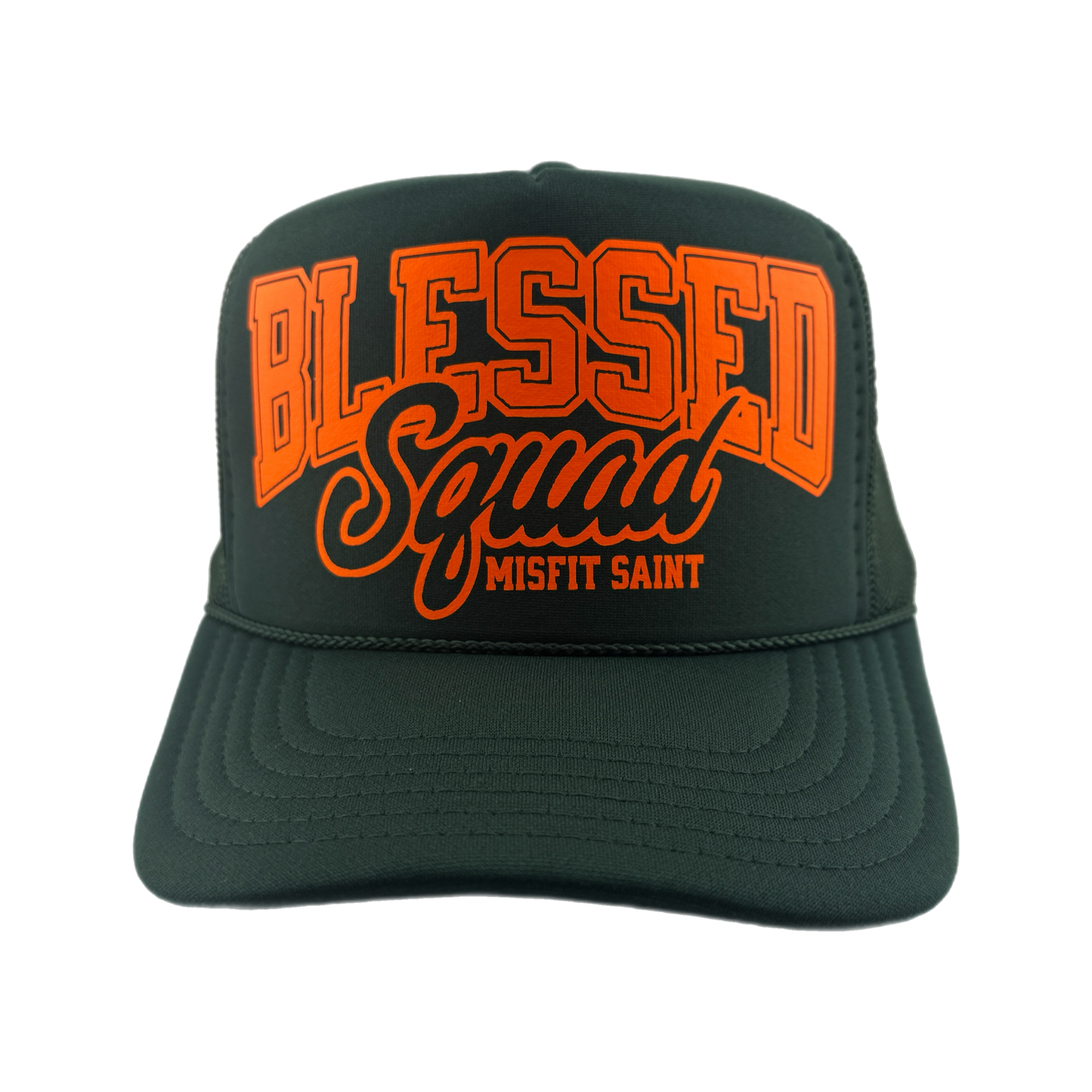 Misfit Saint (Blessed Squad) Trucker Hat-Pine Green/Orange