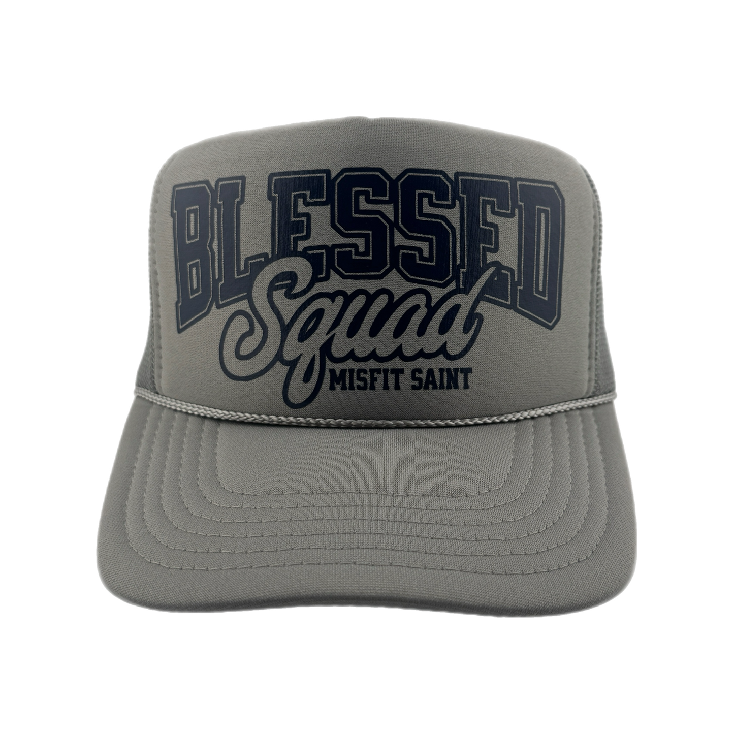 Misfit Saint (Blessed Squad) Trucker Hat-Slate Gray/Navy Blue