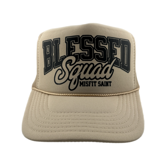 Misfit Saint (Blessed Squad) Trucker Hat-Tan/Black