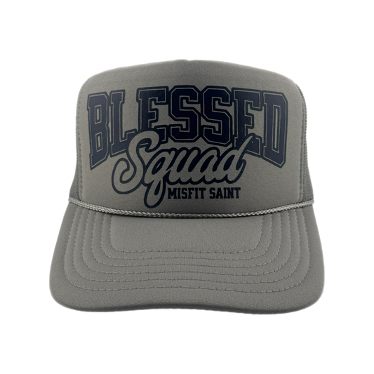 Misfit Saint (Blessed Squad) Trucker Hat-Slate Gray/Navy Blue